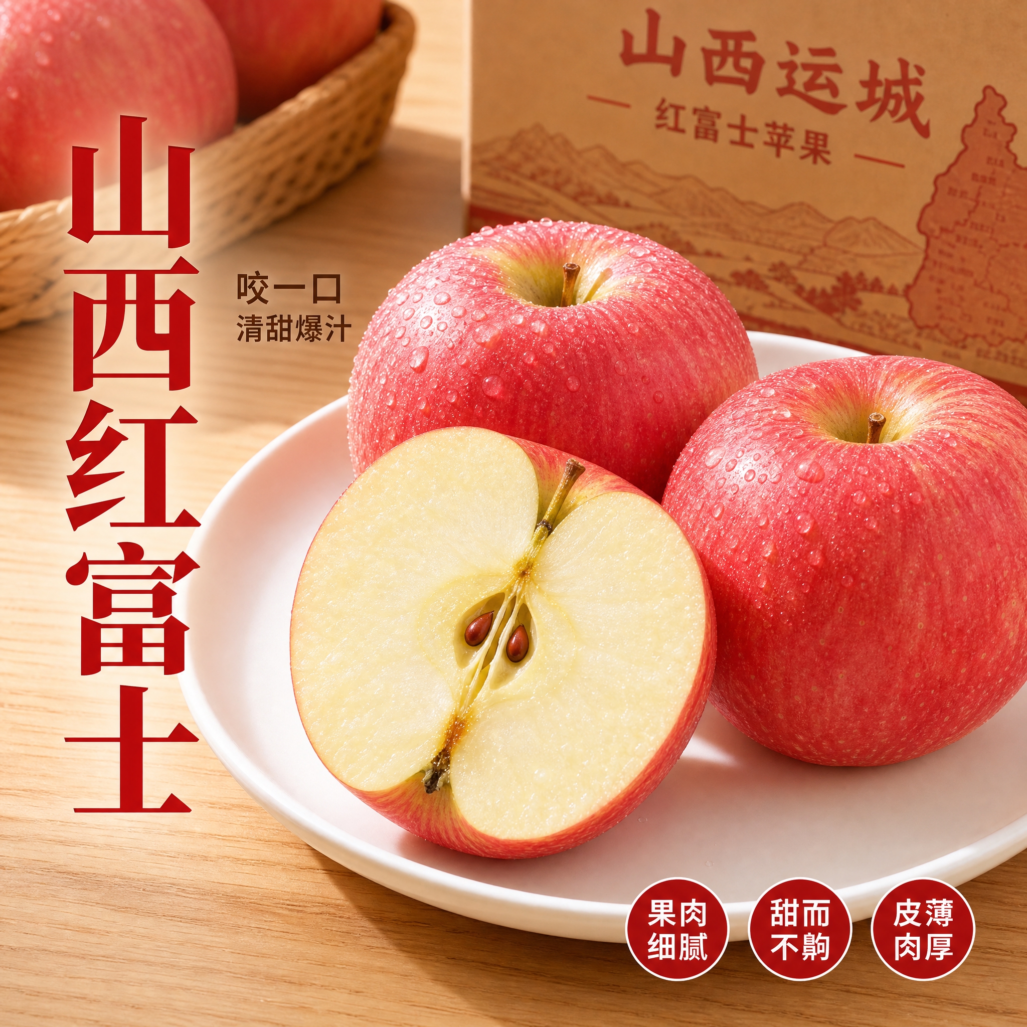 [主图-3] 山西红富士苹果电商主图，白盘切果口感版，突出果肉… - 图片创意预览