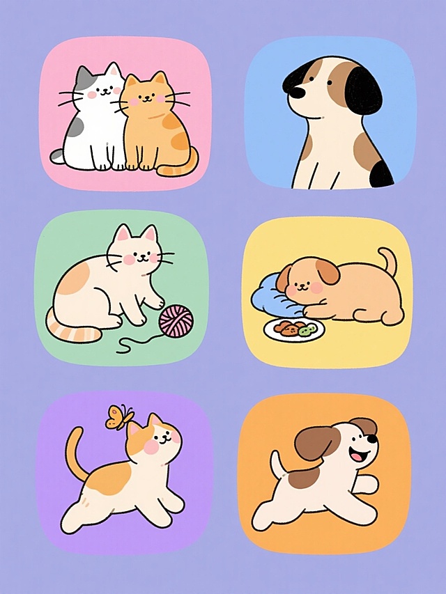 六个不同造型的猫和狗的系列素材集合，采用简约可爱的手绘插画风格，规整排布在纯色背景上。每对猫狗都有独特的互动姿势：一对依偎着看向远方，一对正在玩耍毛线球，一对分享食物，一对相拥而眠，一对好奇地观察蝴蝶，一对开心地奔跑。保持圆润的线条、柔和的色彩过渡和温暖的氛围，每幅画面都有不同的整体色调，如粉色、蓝色、黄色、绿色、紫色和橙色。