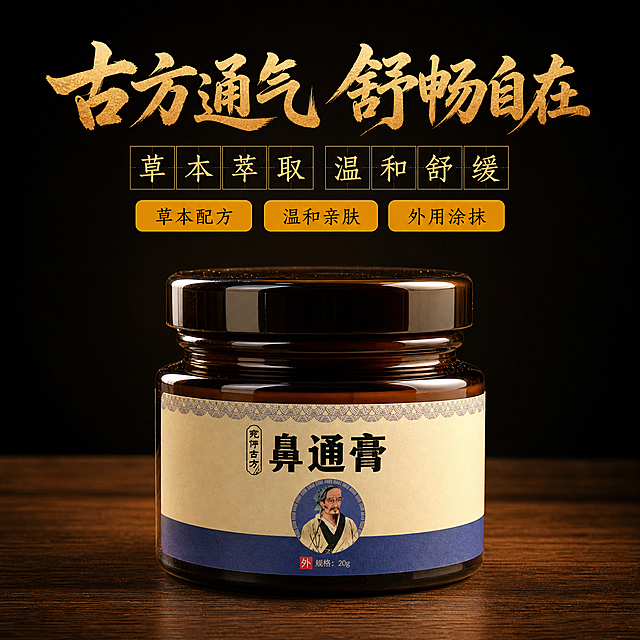 [主图-1] 首图主视觉，暗调中式古风风格，干净桌面只放药膏主体，无盖子无多余装饰。
[统一基调] 暗调中式古风，主色调深棕黑+暖金色+米白，高对比暗调氛围；主标题用书法毛笔字体，副标题用宋体；厚重古朴中医药质感。
[画面] 产品罐（深棕色玻璃罐，米白标签蓝色底边，印有"鼻通膏""宛伊古方"字样，带盖完整闭合）位于画面下方居中，稳稳放置在干净的深棕色木质桌面上，桌面上没有任何其他物品、药材或装饰，非常干净；背景为纯深黑色渐变，四周暗角处理，光线集中打在产品上；产品完整展示正面标签，罐盖闭合完好，没有打开也没有盖子放在旁边。
[光影质感] 暗调商业静物摄影质感，侧前方暖光主光源，玻璃罐有自然高光反射，标签文字清晰，木质桌面纹理干净，阴影柔和自然，产品立体感强。
[配色] 深黑背景+暖金色文字+深棕木色，暗调高对比，中式厚重感。
[文字版式] 画面上方大书法字体主标题"古方通气 舒畅自在"，毛笔书法风格，金色渐变带深色描边；主标题下方一行田字格排列的小字"草本萃取 温和舒缓"，每个字在一个方格内；再下方三个圆角橙黄色标签按钮横向排列："草本配方""温和亲肤""外用涂抹"；文字全部居中对齐，层级分明。
[输出要求] 1:1正方形比例，2048x2048，产品清晰完整带盖，桌面干净无杂物，文字清晰可读，暗调氛围浓厚，无变形错字，无水印无平台Logo。