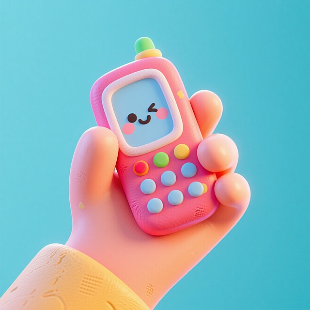 软3D风设计，手持卡通手机，可爱拟人表情，色彩鲜艳，童趣十足。