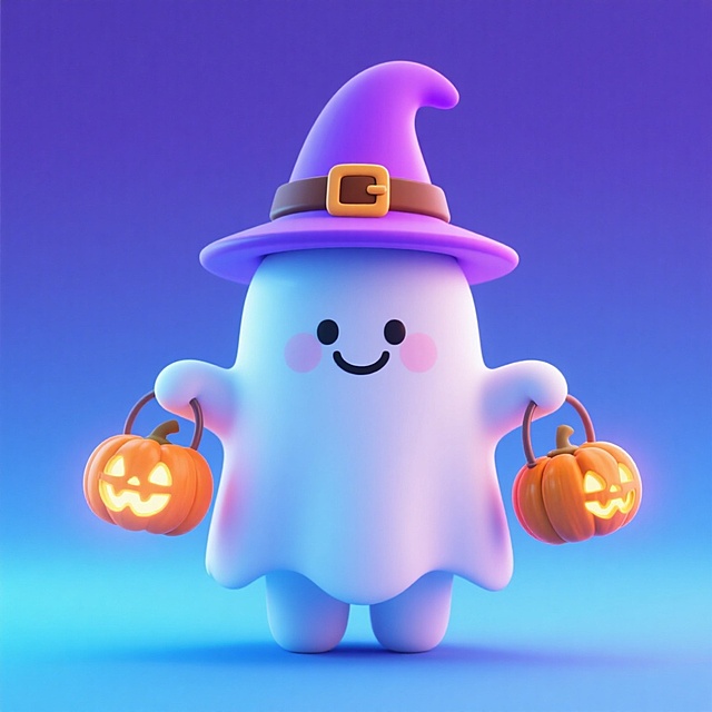 一个萌系幽灵形象。它戴着紫色巫师帽（带有棕色腰带扣），面带微笑，双手分别提着发光的南瓜灯笼和南瓜灯。紫蓝色渐变背景。