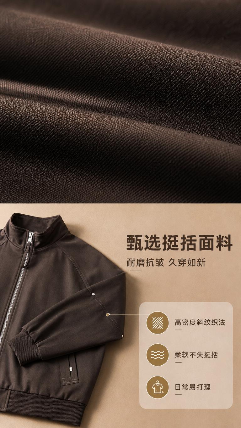 [商品] 使用【图1】深棕色立领拉链夹克；商品处理：保留立领、… - 图片创意预览