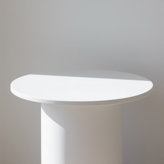 极简风格白色圆形台面，光滑细腻的哑光白色表面，简洁的圆柱形结构，顶部平整边缘圆润，纯白色背景，柔和均匀的自然光从顶部偏左照射，形成轻微的浅灰色投影，整体设计简约干净，无任何多余装饰，突出台面主体的纯粹形态与质感，配色方案极致简单，仅有白色与浅灰色阴影构成。预览效果