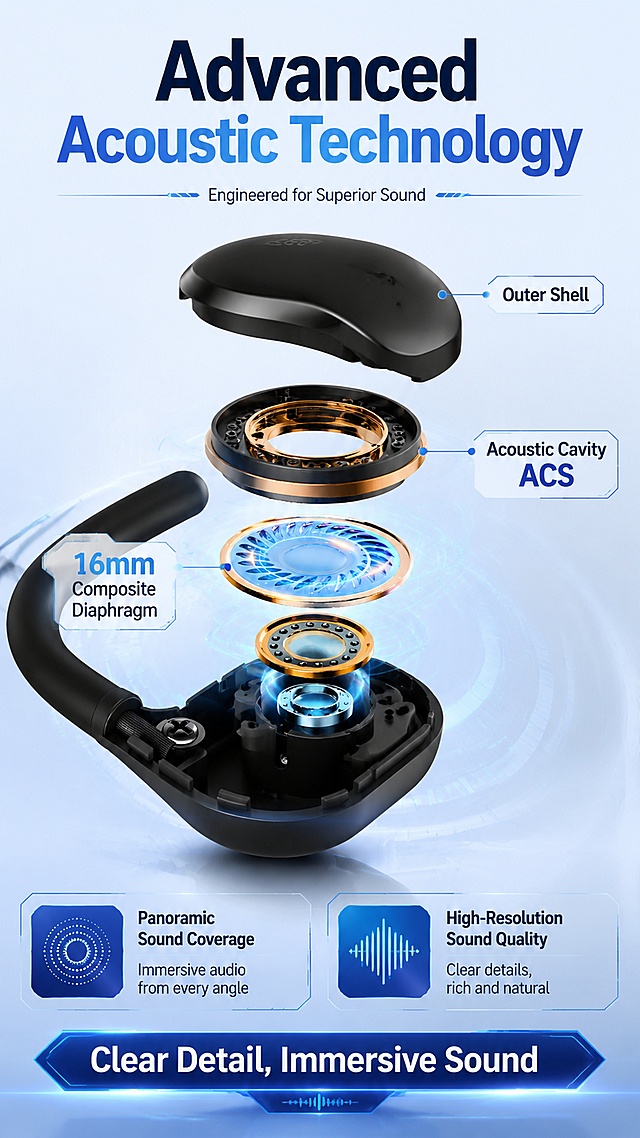 [Screen 7] This screen is core acoustic technology display for G03A Wired Sound Card Headset. Use image 5 for acoustic structure reference. Atmosphere: tech exploded view style, highlight internal speaker structure. Visual: exploded view of the earphone unit, show 16mm composite diaphragm speaker and ACS acoustic cavity resonance structure, from outer shell to inner diaphragm layers separated for clear display. Mark each component: outer shell, acoustic cavity, composite diaphragm. Highlight the advantage of panoramic sound coverage and high-resolution sound quality. The external earhook structure matches the input image. Light and shadow: technical cool lighting, glowing effect on speaker diaphragm to highlight the structure, clear layering between components. Color scheme: global background #f0f5ff, accent blue and gold on speaker components, black earphone shell. Perspective: front 45-degree exploded view, all key components are visible and clearly separated. Text layout: top main title "Advanced Acoustic Technology", side labels for "16mm Composite Diaphragm", "ACS Panoramic Sound", bottom subtitle "Clear Detail, Immersive Sound", all English text, no Chinese characters. Resolution ratio: 9:16 vertical, 4K resolution, clear structure, high definition. Negative prompt: wrong structure, deformed components, blurry exploded view, Chinese characters, watermark.