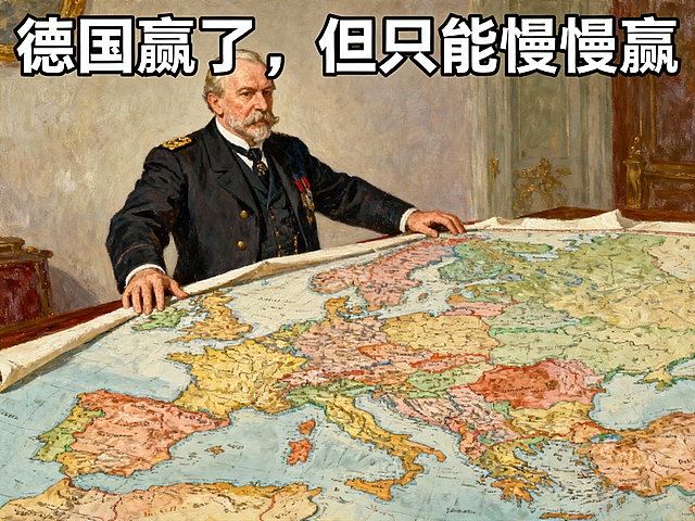 图 1 文案：
“德国赢了，但只能慢慢赢”

图 1 提示词：

俾斯麦站在欧洲地图前，双手压住地图边缘，象征维持平衡，地图上各国势力均衡分布，历史油画风格，沉稳、克制的气氛,比例4；3