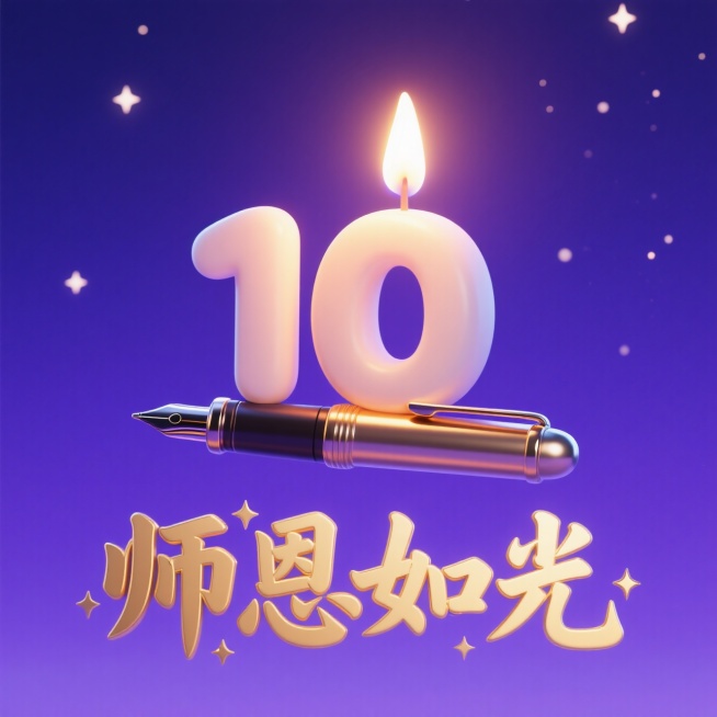 一支正在燃烧的蜡烛，烛火巧妙地变形为数字“10”，温暖的光芒照亮周围。烛身是一支精致的钢笔。背景是深邃而温柔的蓝紫色夜空，星光点点。烫金质感的艺术字体“师恩如光”在蜡烛下方展开，笔画中融入了微小的星辰预览效果
