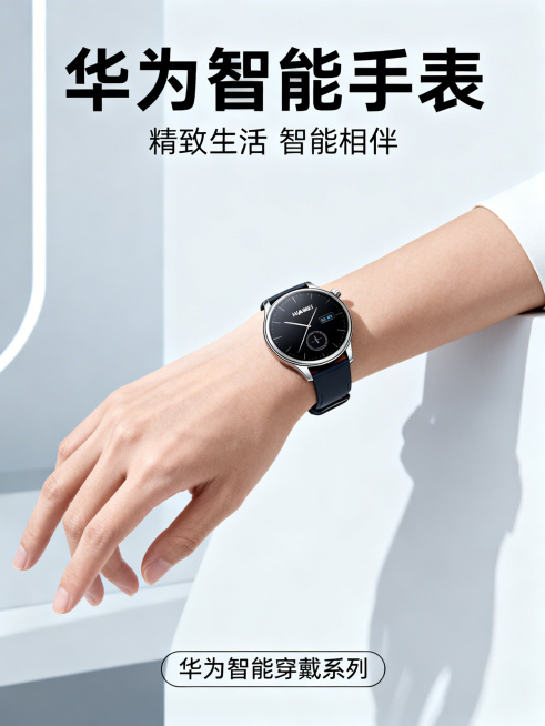 华为智能手表营销海报，展示手腕佩戴华为智能手表的场景，人物手腕自然舒展，手表清晰突出，背景是简约现代浅色调，整体风格时尚有吸引力，体现产品佩戴的精致美感。预览效果