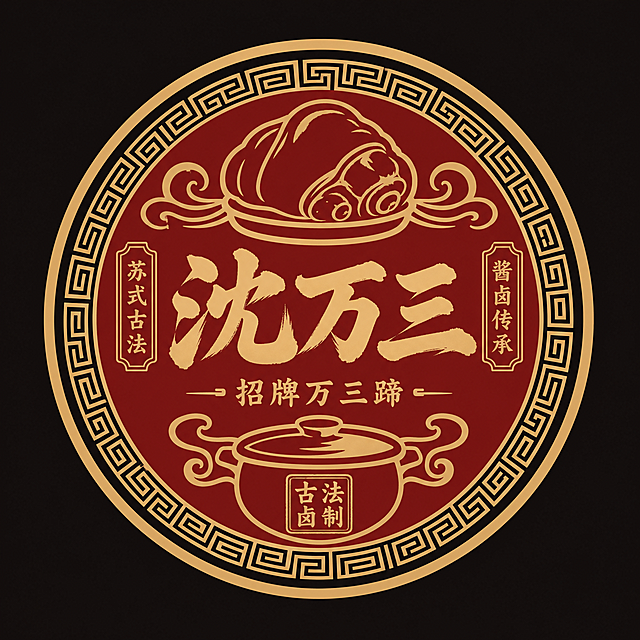 LOGO设计，新中式对称徽章风格，以苏式古法酱卤、招牌万三蹄为设计核心。圆形徽章内，书法字体“沈万三”居中排布，上下融入抽象蹄髈轮廓与砂锅慢炖的线条纹样，边框搭配传统回纹，还原古法卤制工艺质感。配色选用朱砂红+墨黑+鎏金，扁平化矢量，无渐变阴影，整体厚重古朴，突出匠心卤制的产品属性，适合品牌主视觉、礼盒包装、门店招牌。