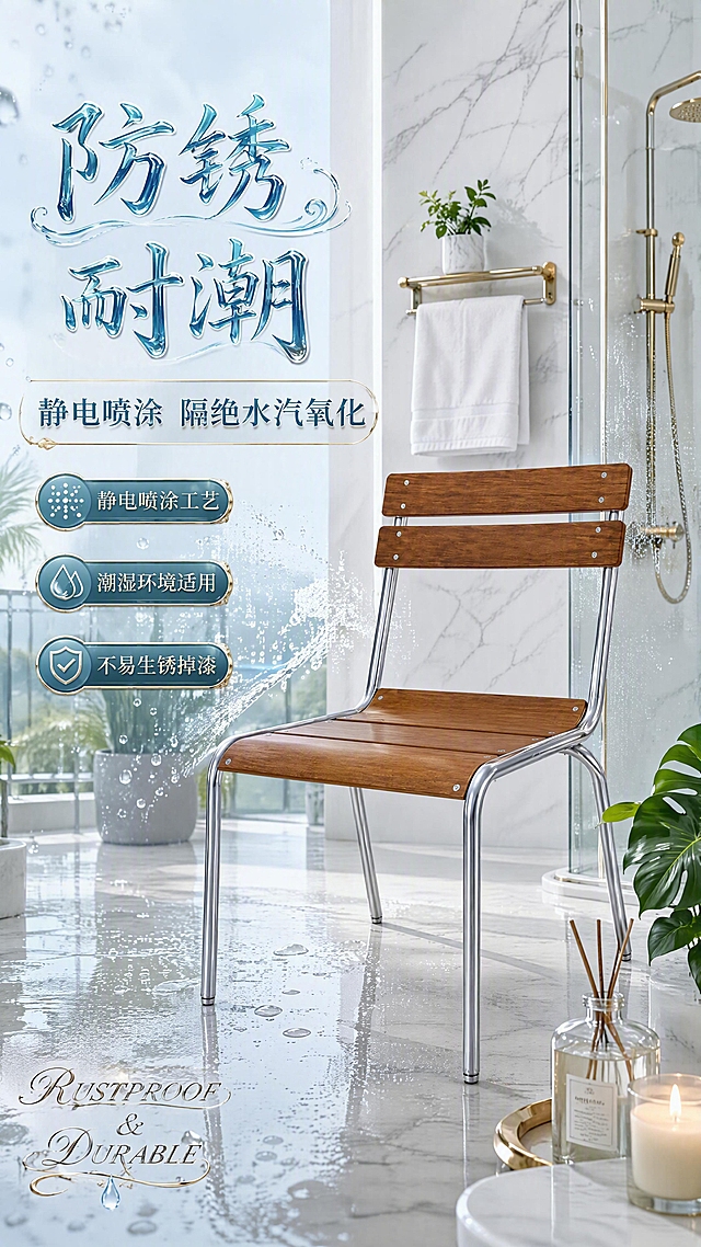 [第4张] 详情页卖点页-静电喷涂防锈处理·潮湿环境不易生锈掉漆。本张使用【图1】作为商品主体，保持椅子的结构、比例、材质、颜色与原图完全一致。
[氛围/风格] 清新高级卫浴/阳台潮湿场景风，奢华质感，商业摄影质感，无人物，突出防锈防潮特性。
[元素布局] 椅子置于画面右侧，占比约50%，放置在奢华卫浴空间或阳台潮湿场景中；背景包含大理石墙面、精致的金属水龙头、玻璃淋浴房局部、绿植、香薰蜡烛、毛巾架、石材地面有水珠/水汽效果等至少5种环境元素；左侧有水雾/水滴特效飘向椅子但被表面弹开的视觉效果，象征防锈涂层隔绝水汽；椅子金属表面呈现光滑亮泽的电镀喷涂质感；产品物理结构、比例轮廓与输入图完全一致，不改变产品比例尺寸。
[光影质感] 柔和漫射光，模拟浴室自然光，金属表面有湿润反光，整体明亮通透，水珠有晶莹高光。
[配色色系] 全局底色 #EAF2F5（浅青灰）；主色电镀银色+深棕木色；辅助色白色、浅蓝、金色点缀。
[视角构图] 45°斜侧视角，平视，左右分栏构图，阅读动线左上标题 → 左侧防水特效示意 → 右侧产品场景。
[文字版式] 左上主标题艺术花体字「防锈耐潮」，字体有水波纹花样设计；副标题艺术字「静电喷涂 隔绝水汽氧化」，字体带渐变光泽；下方3个艺术字标签胶囊：「静电喷涂工艺」「潮湿环境适用」「不易生锈掉漆」，字体都有设计花样；底部有英文装饰字「RUSTPROOF & DURABLE」，花体设计。所有文字清晰可读，不遮挡椅子主体。
[比例分辨率] 9:16竖版比例，4K分辨率，文字清晰可辨，高清画质。
[负向提示词] 椅子变形，比例失调，缺件错件，颜色偏差，人物出现，内部结构展示，尺寸标注，水印，文字错乱，文字过小，产品模糊，背景杂乱。