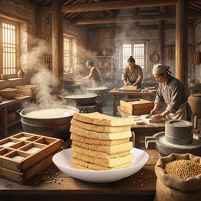 图中盘中堆叠的冻豆腐保持不变，将背景替换为传统豆腐坊手工制作豆腐的温馨场景，氛围温暖，豆香浓郁，美味诱人，不要添加任何文字，1:1正方形构图