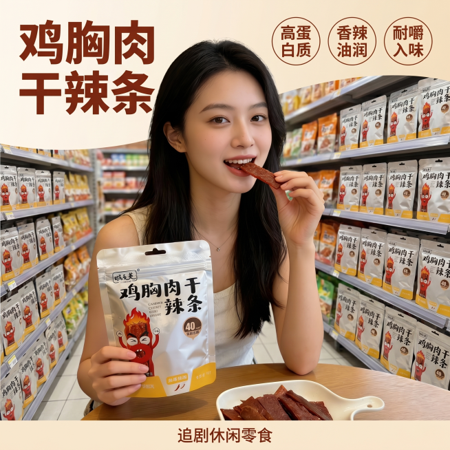 [主图 1] 鸡胸肉干辣条拼多多商超主图首图。模特手持鸡胸肉干辣条包装袋，将产品放在画面中心位置，背景是超市货架，货架上整齐摆满同款鸡胸肉干辣条商品包装。保持模特姿势、产品包装外观和盘中辣条与原图一致预览效果