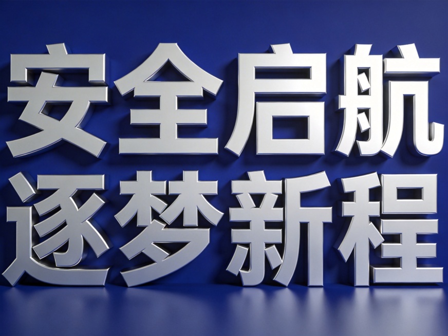 干净的深蓝色背景，3D立体艺术字体设计，八个字"安全启航，逐梦新程"，所有文字单行横向排列。字体为现代厚重无衬线风格，笔画沉稳有力，字间距适中，结构平衡，笔画边缘做轻微倒角处理，保持文字高辨识度。整体预览效果