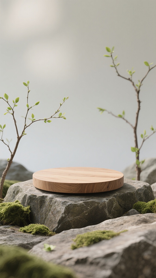 自然写实风格，画面中心是一个简约的圆形木纹展台，展现出真实的木质纹理和温润质感，展台平稳放置于自然岩石之上。背景采用柔和的浅灰色调，营造出宁静淡雅的氛围，周围点缀着几株带有嫩绿新芽的纤细树枝，少量嫩绿叶片轻盈地分布在枝头，岩石边缘散落着几片小巧的绿色苔藓，整体画面突出简约纯天然的感觉，光线柔和，呈现出自然的光影效果，色调和谐统一，给人一种清新、质朴、宁静的视觉体验。