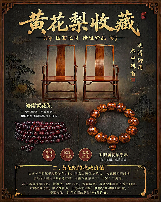 在原图基础上，保留现有布局和三张黄花梨商品，添加文字："二、黄花梨的收藏价值 海南黄花梨属于珍稀特有树种，国家二级保护植物，为我国明清时期宫廷帝王御用家具首选木材，海南黄花梨素有“国宝”之美称。其色泽有浅黄褐色、紫褐色、紫红褐色，纹理清晰，有鬼脸类狸斑且香气四溢，木质硬度适中，柔韧性较强，手感温润细腻，制作家具和雕刻把件，华丽高雅，具有极高的欣赏和收藏价值。" 将上述文字完整清晰放置在画面底部留白区域，字体适配中式古典风格，不遮挡商品，保留原有主标题和整体中式风格，版式精美