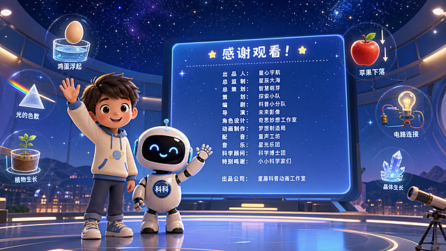 科技馆星空幕墙背景，小朋友小宇和机器人科科挥手告别，鸡蛋浮起、苹果下落等实验小图标环绕在周围，屏幕显示逐行字幕主创信息，温暖卡通风格，人物形象和之前统一，16:9