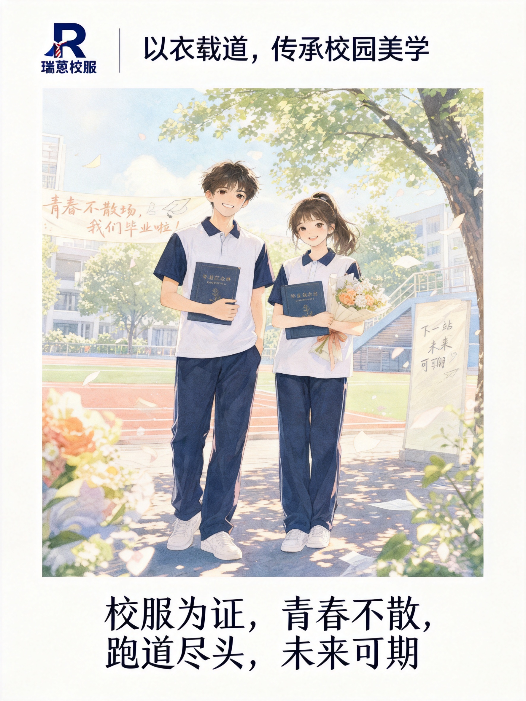 在图片上方添加文字“以衣载道，传承校园美学”，在图片下方添加文… - 图片创意预览