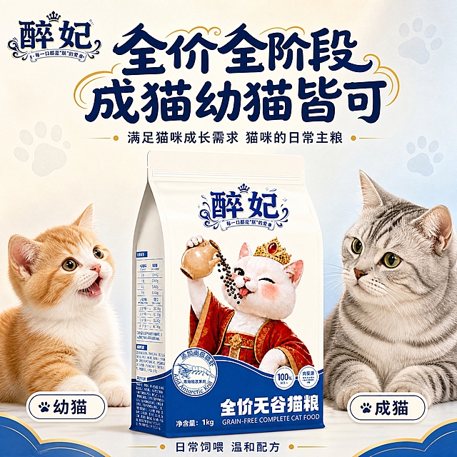 [主图-3] 全价全阶段适用图，主题：全价全阶段猫粮 成猫幼猫皆可。
[统一基调] 米白+浅蓝渐变主背景，深蓝+金色辅助色，暖橙点缀，白色圆角卡片+深蓝描边+金色点缀，圆润粗黑国潮字体，左上放置醉妃品牌Logo配小皇冠。
[画面] 画面中心偏下放置醉妃猫粮包装袋约占40%，保持原图外观。包装袋左右两侧各有一只真实猫咪的半身形象：左侧是一只可爱的幼猫（橘白或英短幼猫），右侧是一只成年猫咪（美短或布偶成猫），两只猫都看向中间的猫粮，表情愉悦。猫咪下方各有一个白色圆角小标签标注年龄段。画面上方是大标题区域。背景有淡淡的猫爪印纹理装饰。
[光影质感] 商业摄影质感，包装袋立体有投影，猫咪毛发真实有光泽，整体光线柔和温暖。
[配色] 米白浅蓝渐变背景，标题深蓝色，卡片白底深蓝边，猫咪真实毛色，金色装饰线。
[文字版式] 上方大标题分两行：第一行大字"全价全阶段"，第二行"成猫幼猫皆可"。标题下方辅助小字："满足猫咪成长需求 猫咪的日常主粮"。左侧幼猫下方标签"幼猫"，右侧成猫下方标签"成猫"。底部小字补充："日常饲喂 温和配方"。文字全部横排，清晰可读，不遮挡猫咪脸部和产品主体。
[输出要求] 1:1正方形，2048px，文字清晰无错字，产品清晰不变形，无水印无平台Logo，无极限词，无功效类表述。禁止出现最、顶级、第一、爆款、平台名称等违规词。