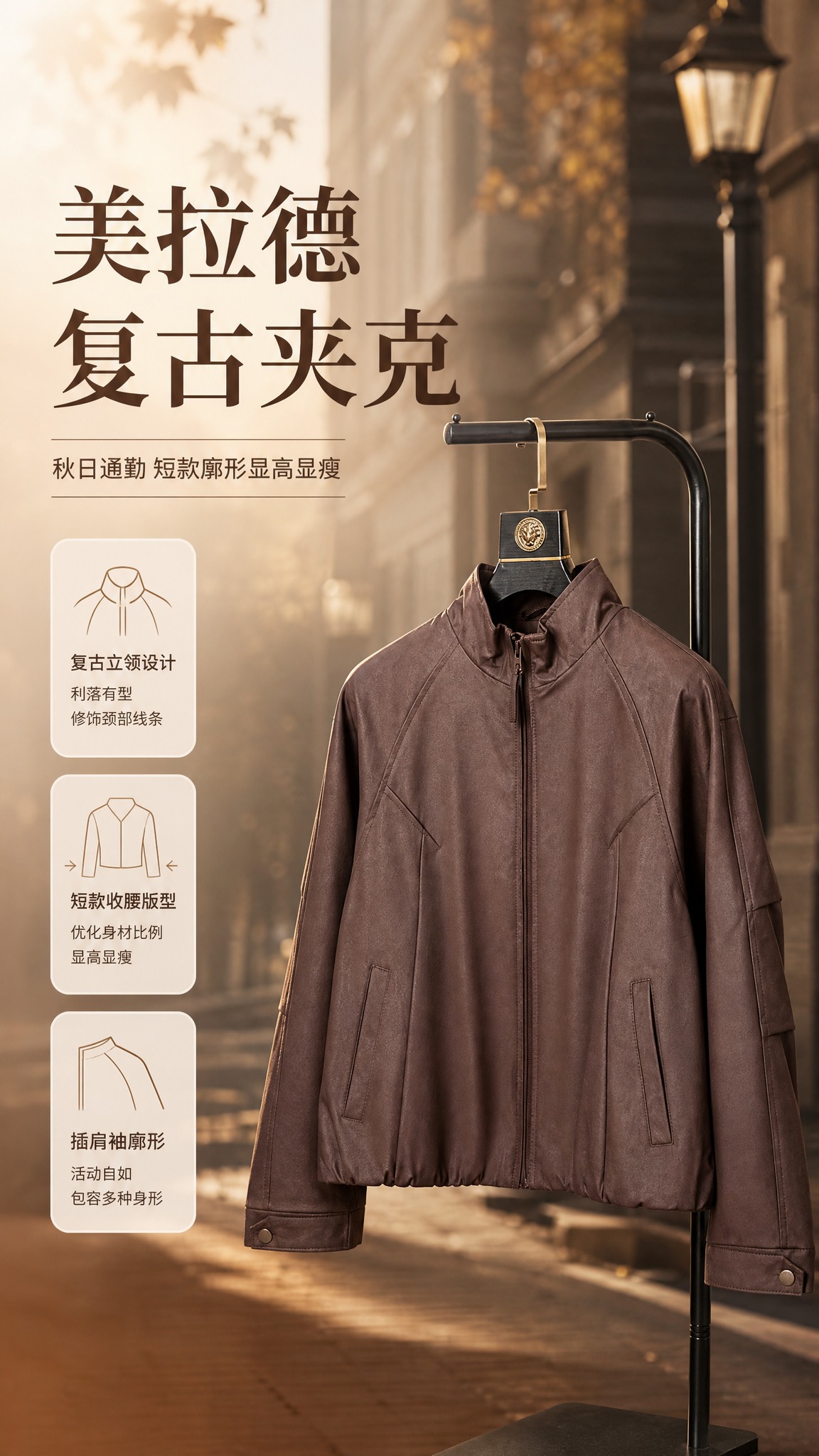 [商品] 使用【图1】深棕色立领短款廓形夹克；商品处理：保留立… - 图片创意预览