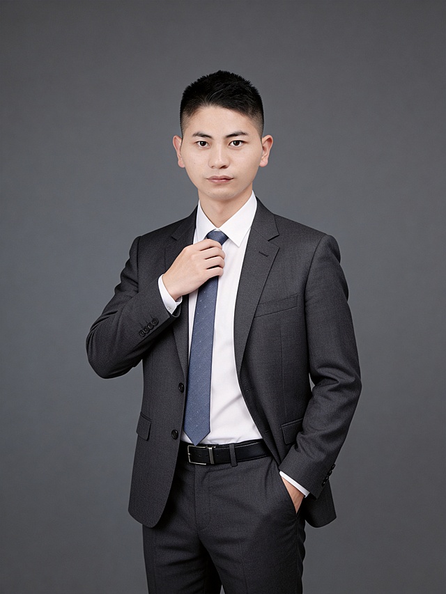 商务感十足的实景肖像，简约主义构图，印刷风质感，灰调背景突出专业气质。