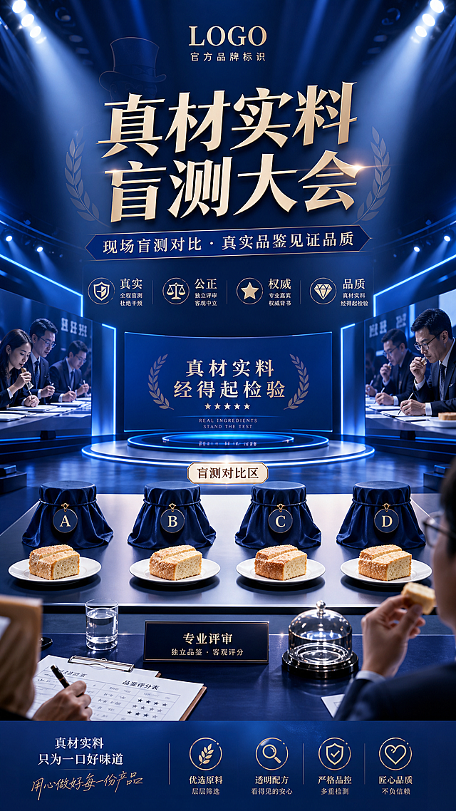 豪士"真材实料盲测大会"活动视觉设计，延续品牌蓝色调，高级档次设计，突出盲测对比和现场品鉴元素，体现真材实料经得起检验的活动主题，包含官方logo