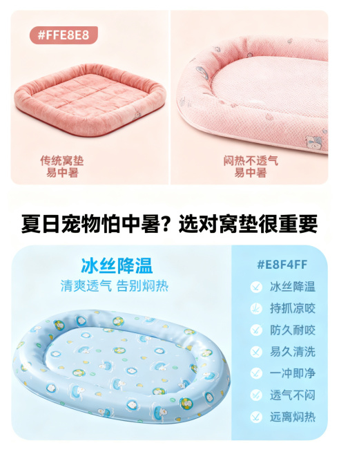 [第2屏] 痛点解决页-对比传统窝垫，突出本款降温优势。 本屏使用【图1】作为产品主体。
[氛围/风格] 清晰对比风，简洁明了，解决用户夏季养宠焦虑，抖音信息流适配风格。
[元素布局] 页面分为上下两预览效果