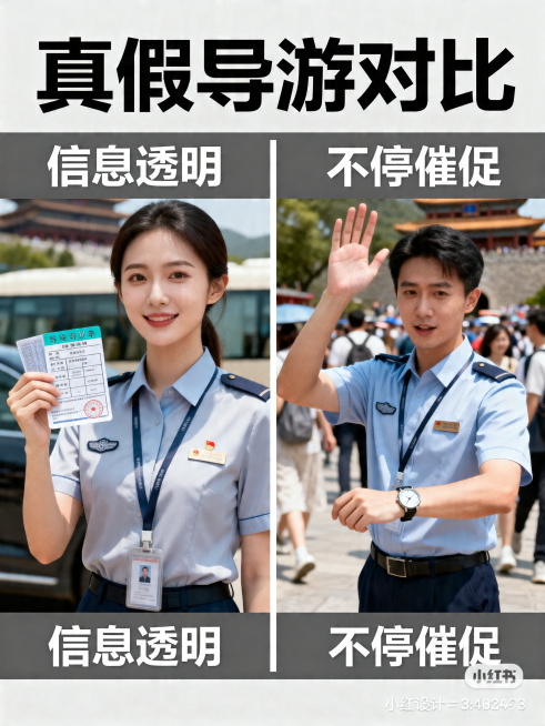 小红书内容页，对比真假导游特征：真导游信息透明，假导游不停催促，大标题“真假导游对比”清晰醒目，排版清晰，写实风格无AI感，高清3:4比例符合小红书排版要求预览效果