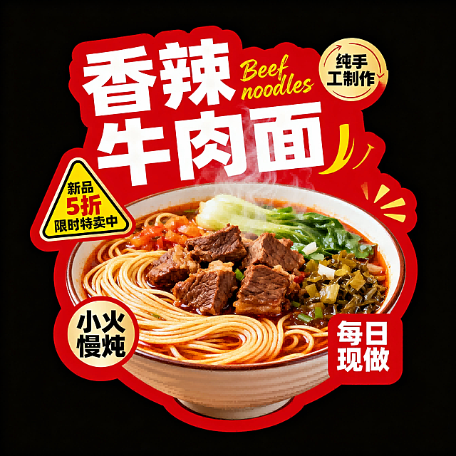 “香辣牛肉面”大标题，红黄主色调，“纯手工制作”手写体，搭配“Beef noodles”。牛肉面，辅以“小火慢炖”“每日现做”，“新品5折限时特卖中”警示图标。