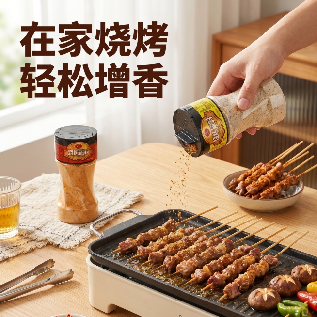 [主图 4] 使用场景体验，拍摄家庭烧烤场景，展示使用过程。[氛围风格] 生活化场景，温馨治愈，烟火食欲感。[画质] 商业美食摄影质感，光线自然通透，产品清晰真实。[元素] 一只手正在从本款烧烤撒料瓶预览效果