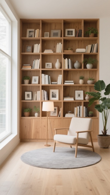 极简主义风格的室内背景，温暖的原木色大型书架占据整个墙面，整齐排列着各种尺寸的书籍、相框、陶瓷花瓶和小型绿植盆栽，书架前放置一把浅色扶手椅和一盏简约落地灯，地面铺有浅色木地板和圆形灰色地毯，右侧有一盆大型绿植，左侧是明亮的落地窗，透进柔和的自然光，整体色调以米色、原木色和浅灰色为主，营造出干净、宁静、舒适的居家氛围，空间布局开阔，光线充足，细节丰富且具有生活气息。预览效果