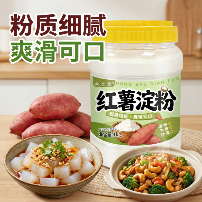 以这款红薯淀粉包装为主体，添加新鲜红薯、用淀粉制作的爽滑凉粉、勾芡后的鲜亮炒菜等食材图片，营造家常烹饪的使用场景，突出包装主体，画面吸睛，适合淘宝电商主图，添加文案"粉质细腻 爽滑可口"预览效果