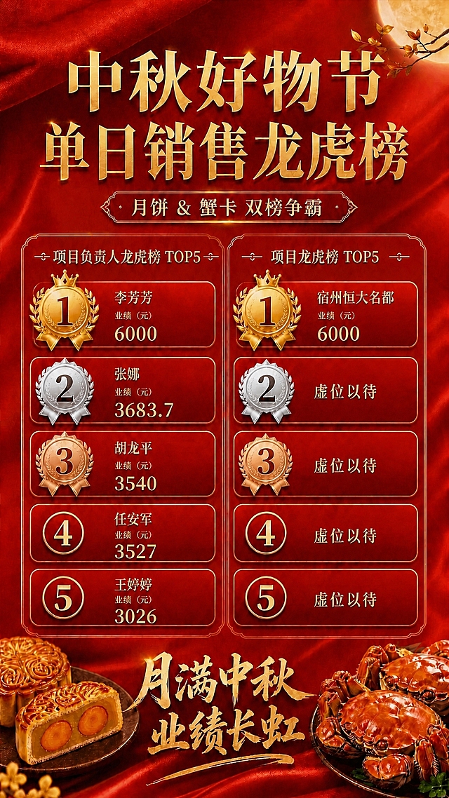 基于参考图修改，右榜（项目龙虎榜）第1名保留"宿州恒大名都 业绩(元) 6000"不变，第2名、第3名、第4名、第5名的姓名和业绩全部改为"虚位以待"，去掉业绩数字和业绩(元)字样。左榜（项目负责人龙虎榜）所有内容保持不变。整体版式、配色、背景、装饰元素、底部月饼大闸蟹等均保持不变。