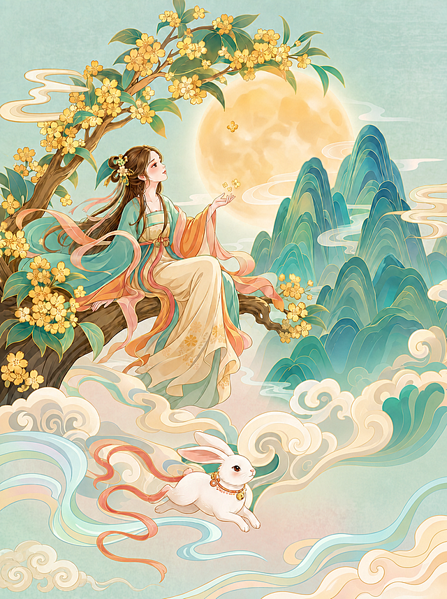 重新生成，去掉鹿，给兔子添加一条自然飘逸的红色飘带，保留原图国潮插画整体风格和所有其他内容
