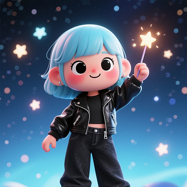 梦幻感十足的软3D卡通少女，手持发光星杖，背景星空粒子闪烁，可爱与酷炫融合，营造童话氛围。