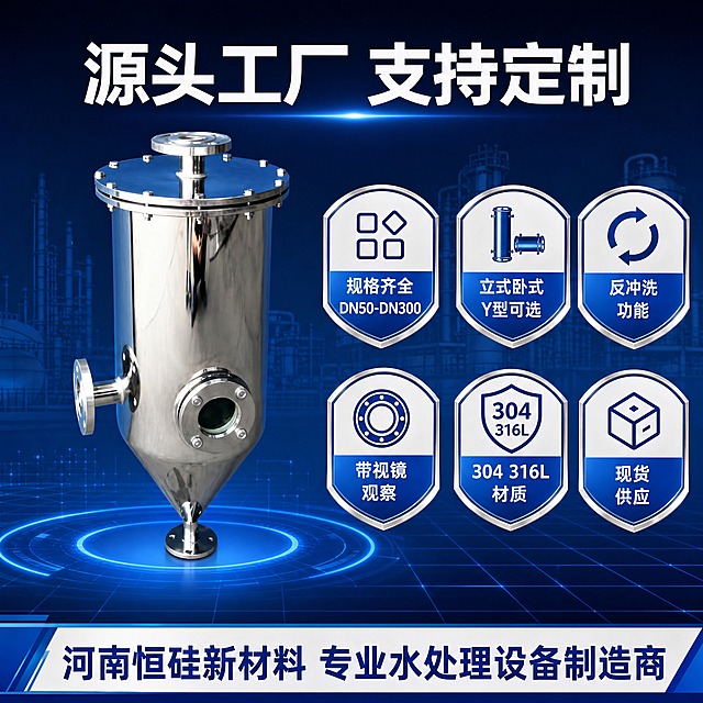 淘宝电商主图第五张，实力认证图，1:1比例，工业科技风。画面中心偏左展示立式不锈钢树脂捕捉器整机，与参考图外观一致，主体占比约50%。右侧和底部分布多个信任徽章和信息标签。顶部白色大标题："源头工厂 支持定制"。画面中有6个圆形或盾牌形徽章图标，分别标注：规格齐全 DN50-DN300、立式卧式Y型可选、反冲洗功能、带视镜观察、304 316L材质、现货供应。底部有一行蓝色横幅文字："河南恒硅新材料 专业水处理设备制造商"。深蓝科技渐变背景，有淡淡的工厂轮廓和科技网格。整体风格专业可靠，信息层次清晰，增强买家信任感。文字清晰可读，禁止变形、错字、模糊、水印、平台Logo。
