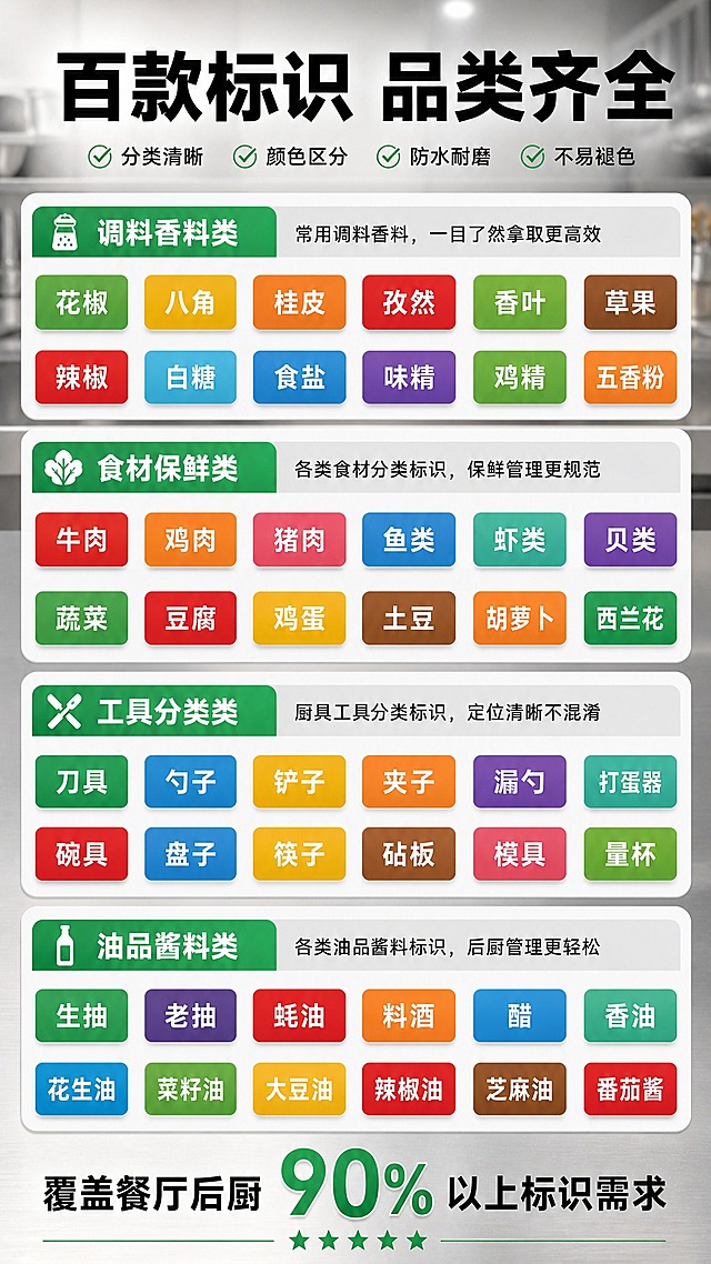 [商品] 使用【图1】餐厅调料标识标签套装；展示丰富的标签内容库，将标签按品类分组排列：调料类、食材类、工具类、油品类四大分类，每组展示若干代表性标签字样；保留标签的多色分类体系和字体样式。
[画面] 目标：分类体系展示页，证明标签内容丰富、覆盖面广。构图：上下分四区矩阵排列，每区对应一个大类，区内横向排列5-6张不同内容的标签小样，标签下方标注品类名称。顶部为标题区，底部为总结区。主体占比：标签矩阵占画面70%。景别：中景+特写结合。阅读动线：从上到下逐行阅读。前中后景：前景标签平铺，中景分类标题条，后景浅灰渐变底。
[视觉] 套系策略：风格=商用厨房专业整洁商业摄影风；标题字=粗黑体醒目大字；正文字=清晰无衬线黑体；主色=不锈钢银灰+暖白；背景延展=基于银灰色做深浅层级、金属质感渐变和不锈钢台面反光；强调色=标签绿（#2ECC71），仅用于小面积图标、引线、高亮标签和重点数字；标题色=深炭黑；正文色=中灰；组件=圆角信息卡、细线引线、彩色标签图标；光影=顶部暖白柔光，不锈钢表面有自然反射。
[文字] 顶部主标题"百款标识 品类齐全"。四个分区标题："调料香料类"（如花椒/八角/桂皮/孜然等）、"食材保鲜类"（如牛肉/鸡肉/蔬菜/豆腐等）、"工具分类类"（如刀具/勺子/铲子/模具等）、"油品酱料类"（如生抽/老抽/蚝油/料酒等）。底部总结"覆盖餐厅后厨90%以上标识需求"。全部文字横向排版。
[规格] 图片比例9:16竖版，4K分辨率，淘宝/天猫详情页适配，中文文案。避免变形、错字、文字过小、标签内容重复、颜色分类混乱。