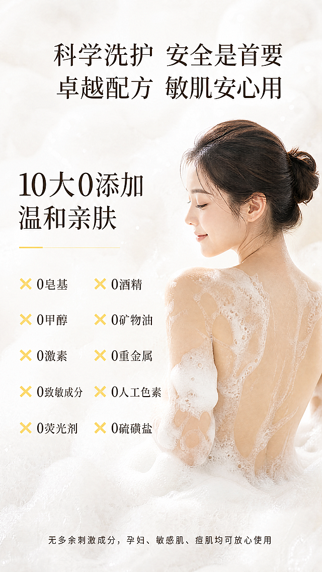 基于本图保留所有文字内容、10大0添加列表、整体排版、泡沫背景和浅柠黄配色风格完全不变，只将右侧的Riley Rox香氛沐浴露产品图替换为：一个露出后背、被沐浴泡沫包裹、正在享受沐浴的年轻女孩子，整体保持浅白泡沫背景，产品位置换成女孩子，女孩子姿态自然放松，只展示干净后背和沐浴泡沫，风格清新自然，符合浅柠黄+米白整体色调，不改变原有文字排版和所有文字内容。
