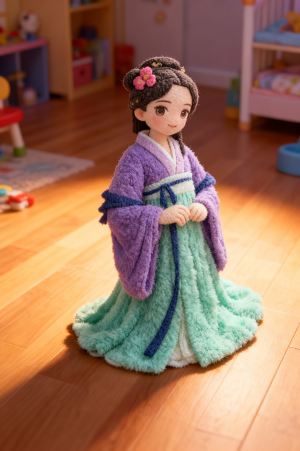 将图中的古风女孩改成一个立体的毛茸茸的儿童毛绒玩偶，质感柔软蓬松，放置在儿童房的地板上预览效果