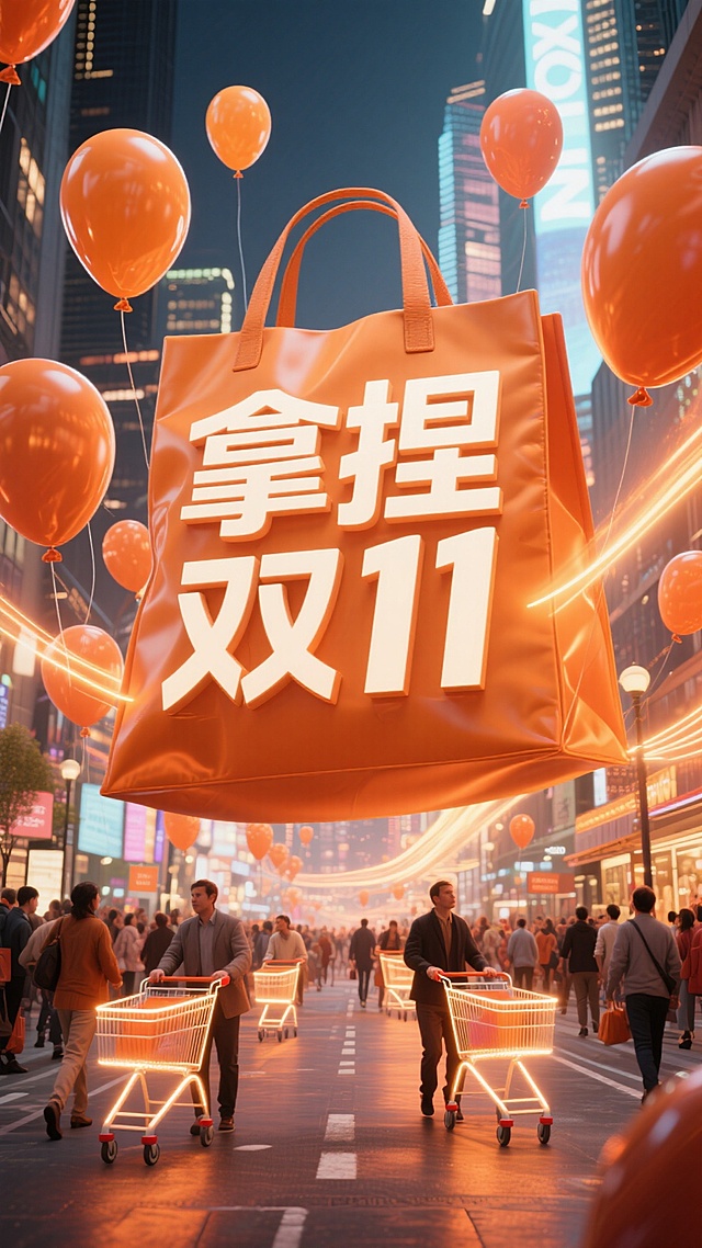 3D风巨型购物袋悬浮都市夜景，霓虹灯光效与充气气球营造喜庆促销氛围，科技感十足的发光购物车穿梭其中，超级符号“拿捏双11”强化未来感消费狂欢。