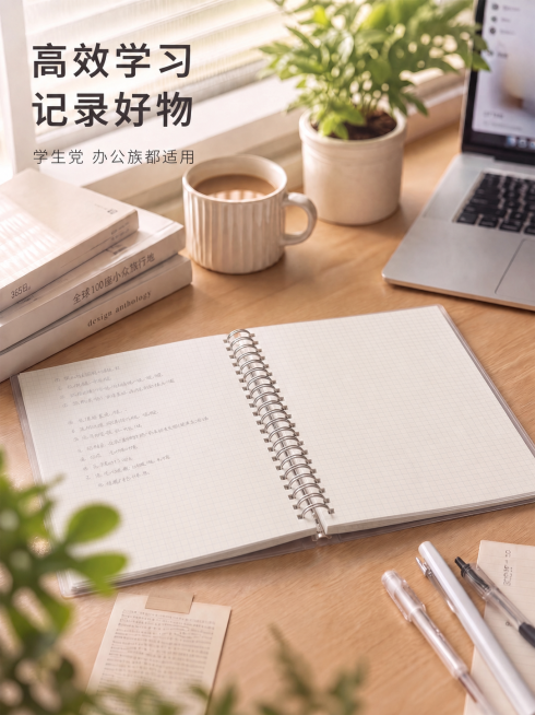 去掉活页本正面上方的透明塑料板和右上角的黄色标签，仅保留底部的塑料包装，保留内页网格文字和金属线圈完整，保持原木桌面、咖啡杯、书本、绿植、钢笔等所有场景元素和原有光影不变，只移除上层透明盖板和标签，保预览效果