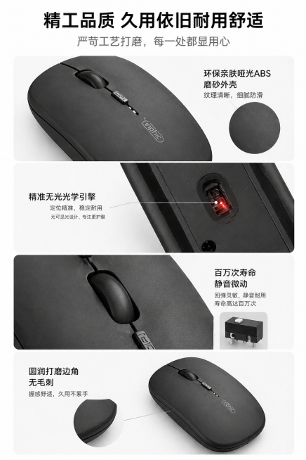 主标题 "精工品质 久用依旧耐用舒适"，副标题 "严苛工艺打磨，每一处都显用心"，鼠标多角度细节（外壳、引擎、按键）组合展示，纯白干净产品特写专属背景，无任何多余元素，聚焦工艺细节，标注环保亲肤哑光A预览效果