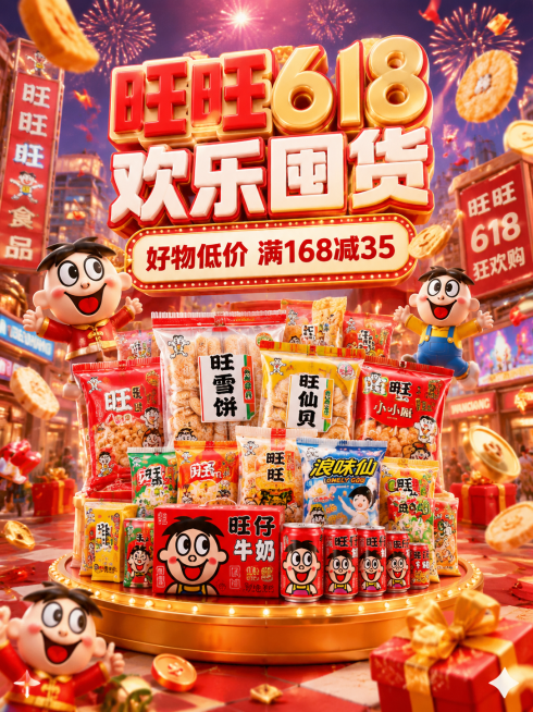 3D卡通C4D风格，超清8K电影质感，618品牌狂欢促销海报，热闹卡通都市商圈场景，氛围红火喜庆，喜庆礼花、零食碎粒、金色钱币四散飘动，视觉热闹有张力。画面中间轻奢陈列展架，摆满旺仔牛奶、雪饼、仙贝、预览效果