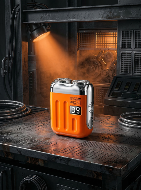 为这款亮橙银配色迷你电动剃须刀生成工业科技风场景图，尺寸900*1200。背景采用深灰色金属工业风纹理，搭配暖橙色氛围光和机械格栅元素，剃须刀放置在金属工业台面上，光影对比强烈，突出产品活力与硬朗科技预览效果