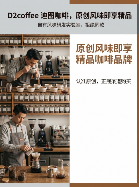 3:4竖版构图，左侧为品牌实验室场景图，咖啡师在杯测、研发的画面，背景是专业设备与咖啡样本。右侧为品牌 slogan「原创风味即享精品咖啡品牌」，用粗体字突出，下方搭配「认准原创，正规渠道购买」的提示预览效果