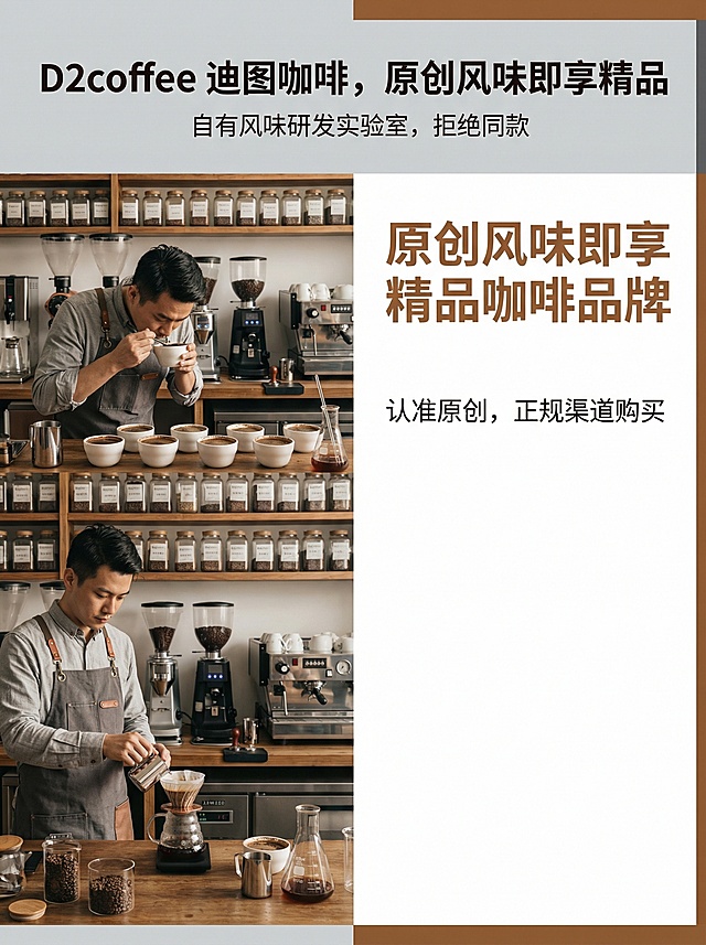 3:4竖版构图，左侧为品牌实验室场景图，咖啡师在杯测、研发的画面，背景是专业设备与咖啡样本。右侧为品牌 slogan「原创风味即享精品咖啡品牌」，用粗体字突出，下方搭配「认准原创，正规渠道购买」的提示，字体纤细。主标题为“D2coffee 迪图咖啡，原创风味即享精品”，副标题为“自有风味研发实验室，拒绝同款”。色调为专业灰、暖棕，传递品牌的专业与温度，slogan 用暖棕加粗。场景图采用纪实风，slogan 居中，提示文字左对齐，保持呼吸感。