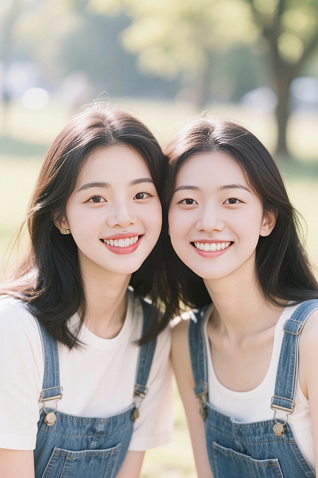 2个女生，靠在一起的合照影像，可爱风，时尚穿搭，户外场景，快乐氛围，光感柔和，生活记录感，享受时光