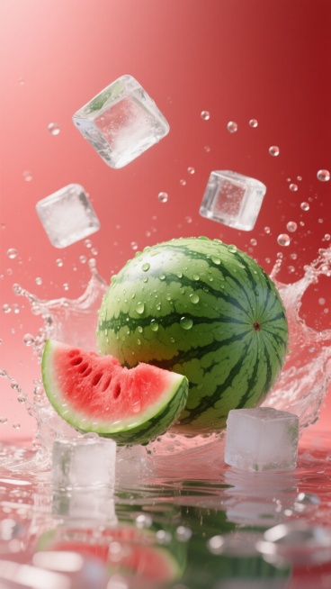 高清商业摄影风格，翠绿圆润的西瓜，部分切半的西瓜鲜红，部分散落，表面磨砂并附着水珠，与透明立方体冰块一同悬浮在柔和渐变的红色背景中，动态飞溅的水花及大量圆润水珠散布画面，光线从上方柔和照射，形成西瓜和预览效果