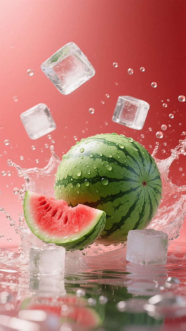 已完成图片生成，生成了一张符合高清商业摄影风格的西瓜与冰块悬浮图，背景为柔和渐变红色，画面中包含翠绿西瓜、鲜红瓜瓤、磨砂质感、水珠、悬浮冰块及飞溅水花，光线从上方照射形成高光与阴影，整体氛围清凉新鲜，尺寸为576x1024像素。