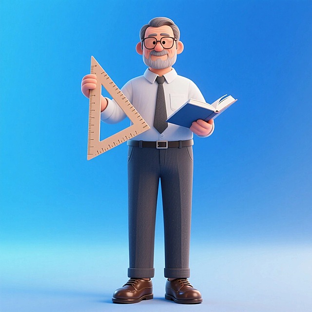 中年男教师（拿三角尺和书，穿皮鞋），全身，元素完整。蓝色渐变背景