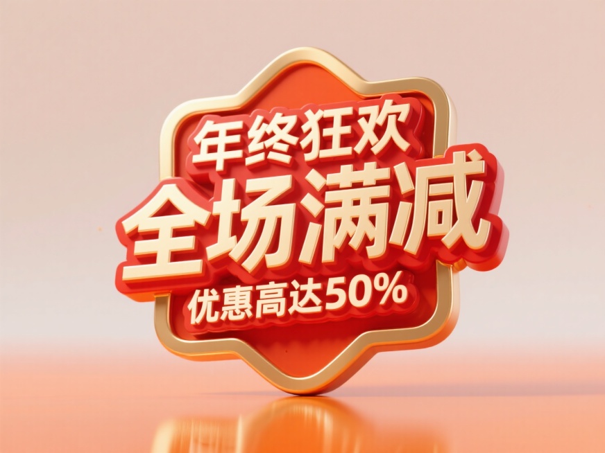 一个徽章，徽章上是金色金属质感立体大字“年终狂欢 全场满减 优惠高达50%”。整体配色为红色为主，风格热烈抢眼，突出文案，背景为橙色渐变。预览效果