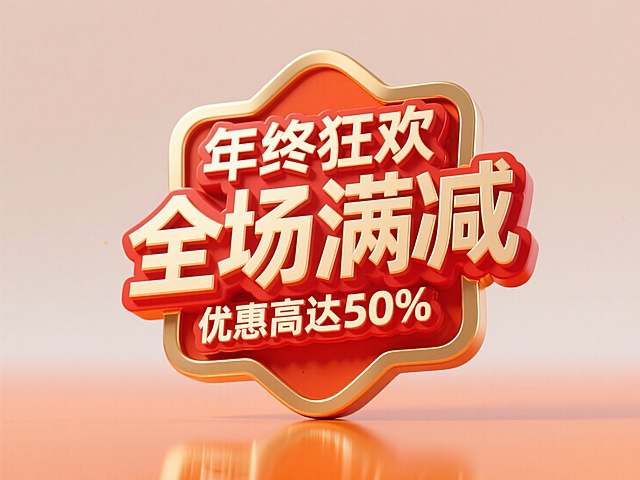 一个徽章，徽章上是金色金属质感立体大字“年终狂欢 全场满减 优惠高达50%”。整体配色为红色为主，风格热烈抢眼，突出文案，背景为橙色渐变。